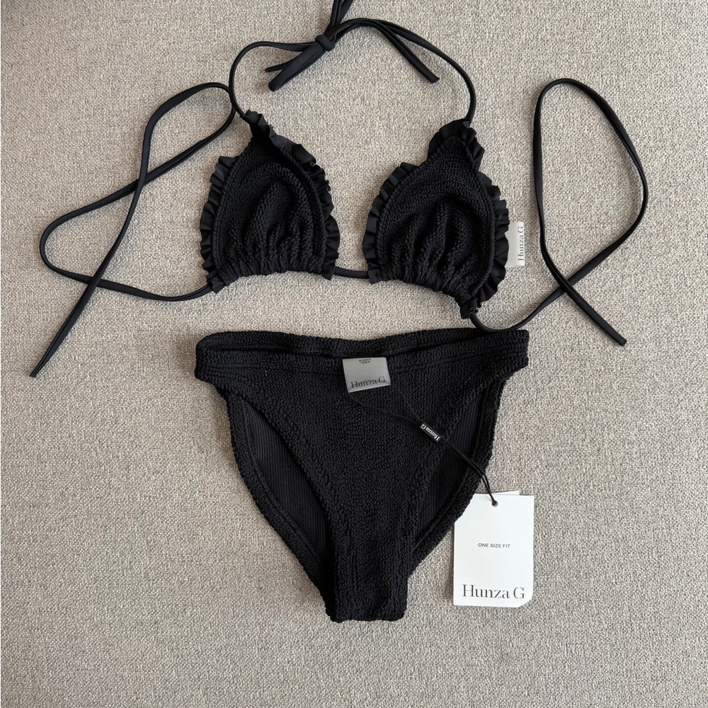 Hunza G Black Textured Ruffle Triangle Bikini Set